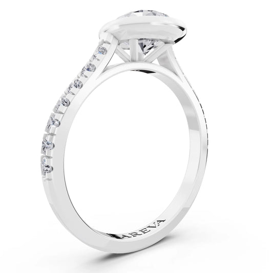 14 KT White Gold Pear Cut Diamond Bezel Set Ring with Pave Band - Top view
