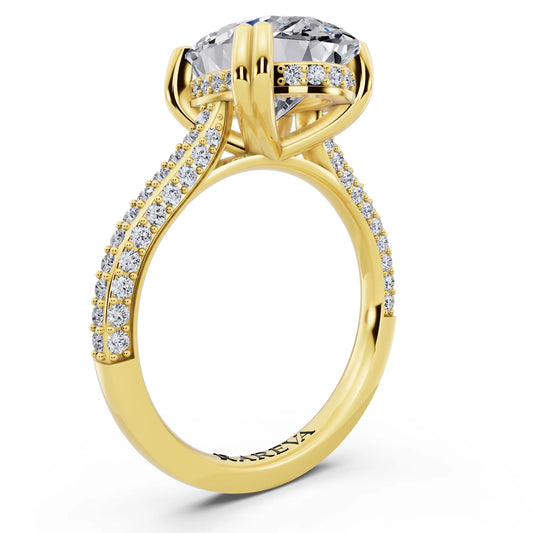 18 KT Yellow Gold Oval Cut Diamond Hidden Halo Double Claw Pave Band Ring - top view