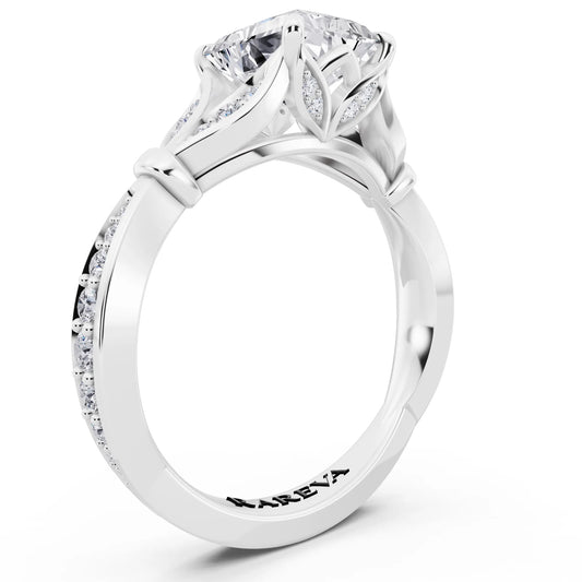 Platinum Radiant Cut Diamond Ring with Lotus Collar - top view