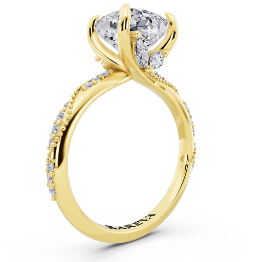 18 KT Yellow Gold Cushion Cut Diamond Ring with Marquise Accent - top view