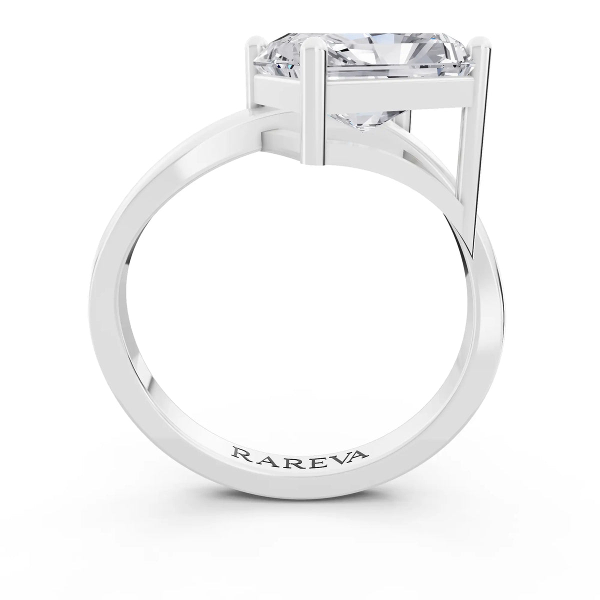 18 KT White Gold Radiant Cut Diamond Solitaire Ring with Bypass Band - Through