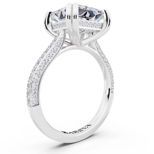 18 KT White Gold Princess Cut Diamond Hidden Halo Double Claw Pave Band Ring - top view
