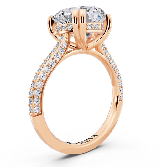 18 KT Rose Gold Heart Cut Diamond Hidden Halo Double Claw Pave Band Ring - top view