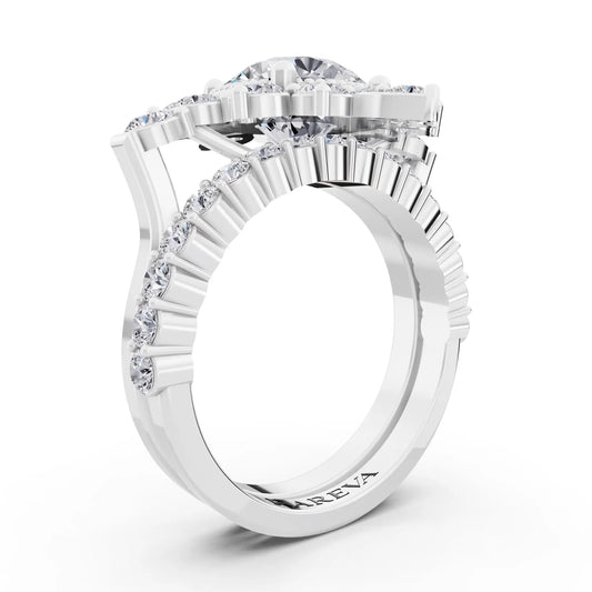 18 KT White Gold Round Cut Diamond Starburst Halo Ring - Top view