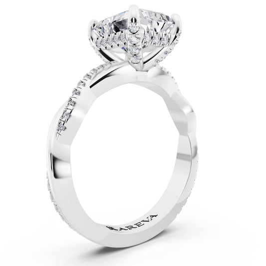 14 KT White Gold Radiant Cut Diamond Hidden Halo Ring with Twisted Pave Band - top view