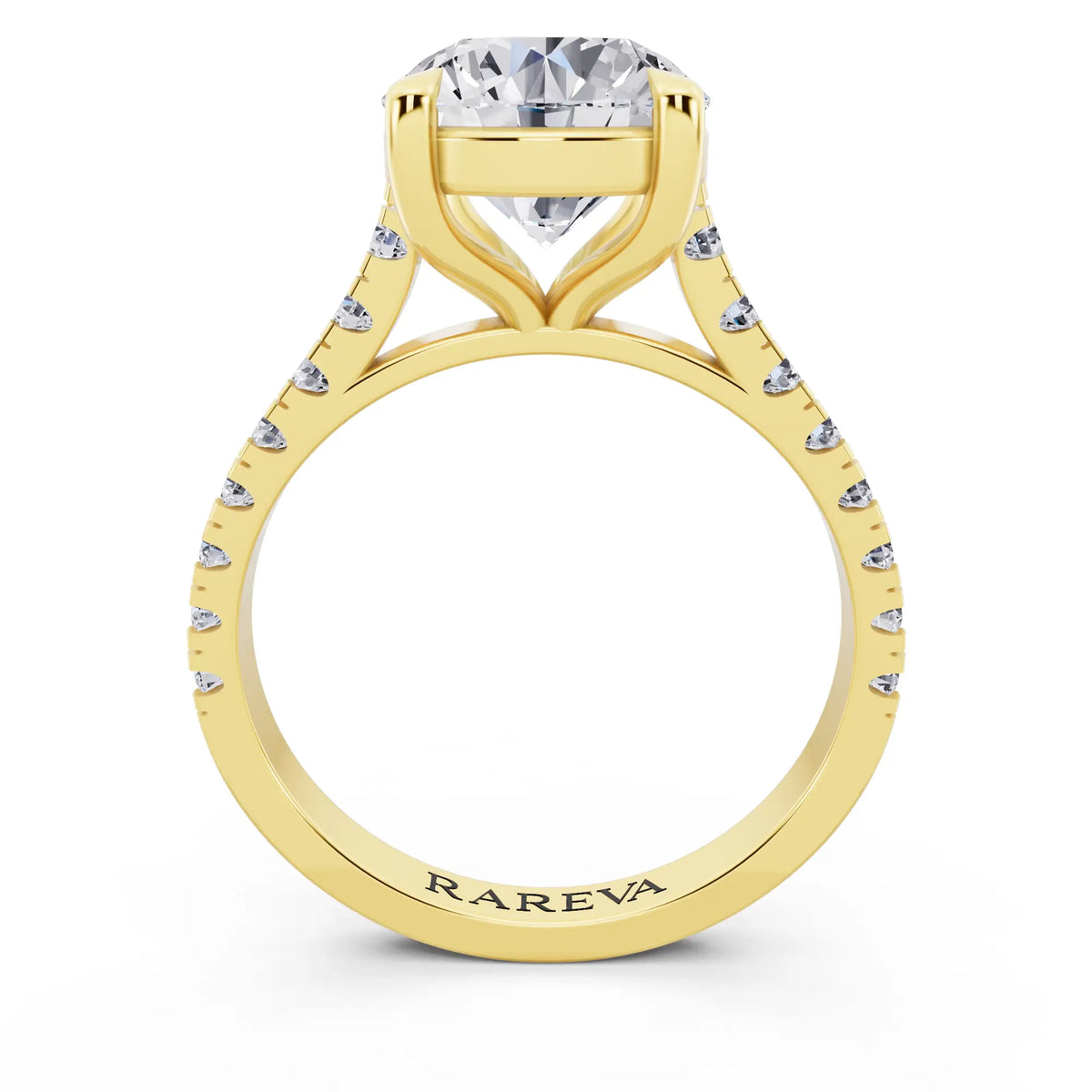 18 KT Yellow Gold Round Cut Diamond Solitaire Ring with Pave Band - Through