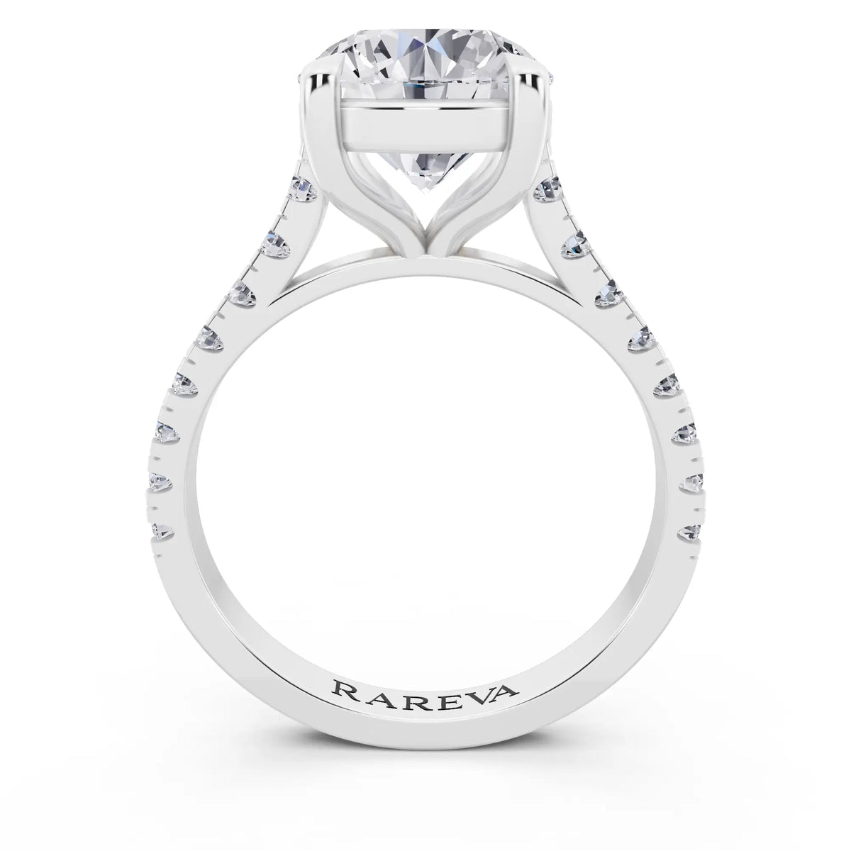 18 KT White Gold Round Cut Diamond Solitaire Ring with Pave Band - Through