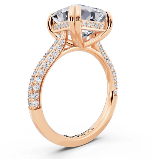 18 KT Rose Gold Asscher Cut Diamond Hidden Halo Double Claw Pave Band Ring - top view