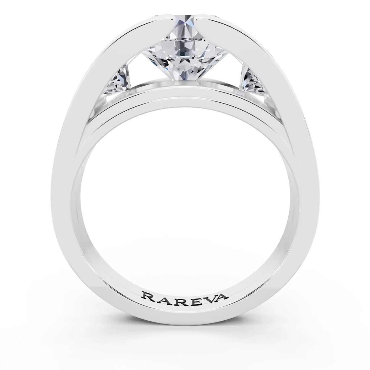 18 KT White Gold Round Cut Diamond Ring with Graduated Side Stones - Through