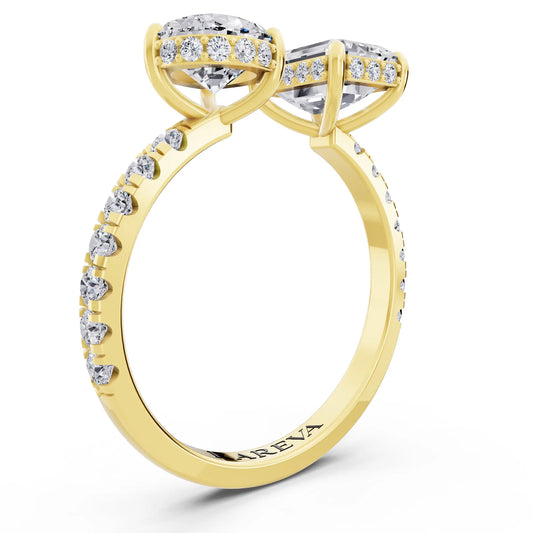 18 KT Yellow Gold Emerald Cut Diamond Toi et Moi Ring with Pave Band - Top view