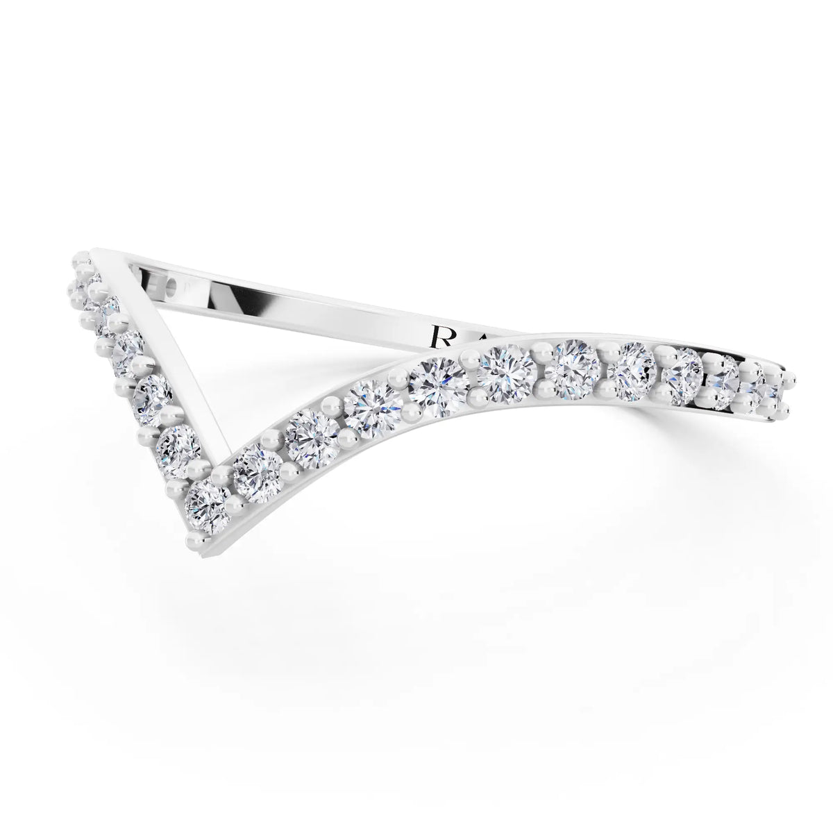 10K White Gold Round Cut Diamond Chevron Curved Band - 1.5mm - Close up