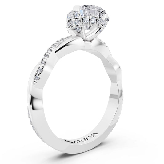 14 KT White Gold Pear Cut Diamond Hidden Halo Ring with Twisted Pave Band - top view