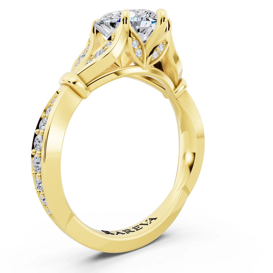 14 KT Yellow Gold Heart Cut Diamond Ring with Lotus Collar - top view