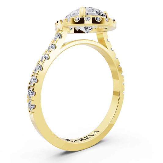 18 KT Yellow Gold Pear Cut Diamond Halo Ring with Pave Band - Top view