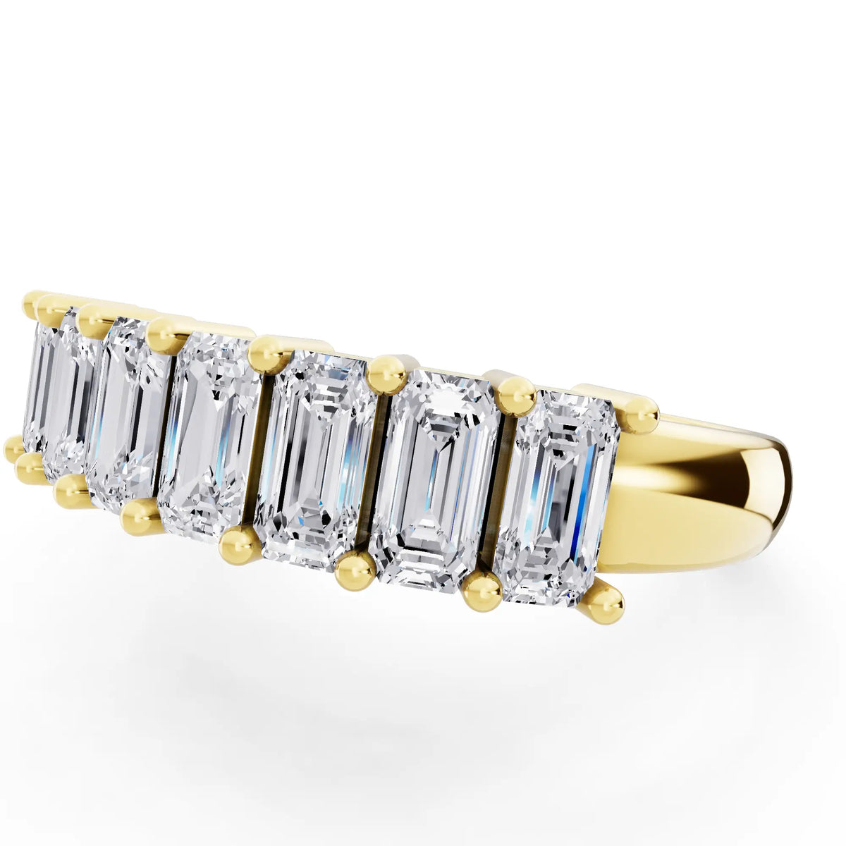 10K Yellow Gold Seven Stone Emerald Cut Diamond Half Eternity Wedding Band - 1.8mm - Close up