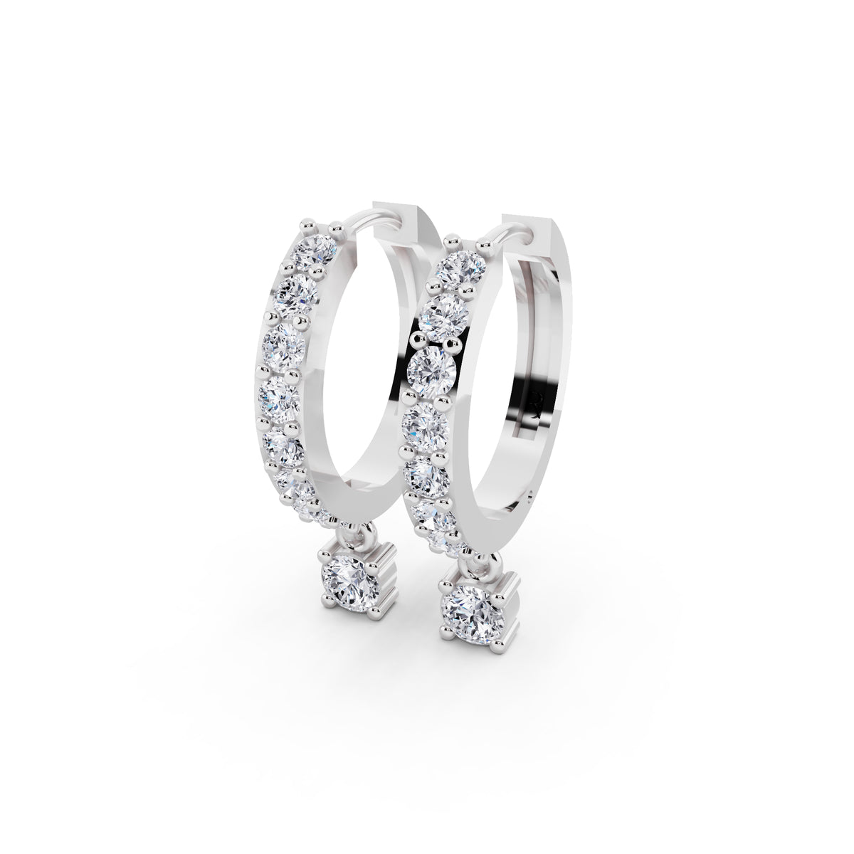 14KT White Gold Diamond Pave Hoop Earrings with Charm Drop - close up