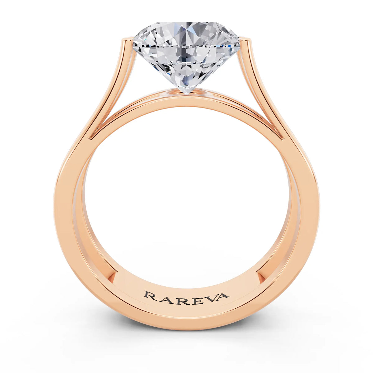 18 KT Rose Gold Round Cut Diamond Solitaire Ring with Open Split Band - Through