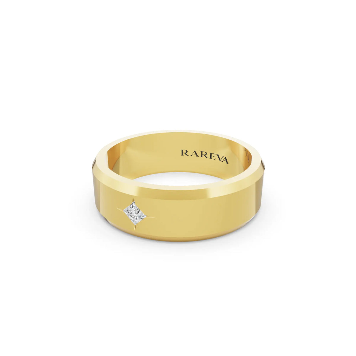 14K Yellow Gold Men's Princess Cut Diamond Star Set Bevel Band - 6mm - Close up