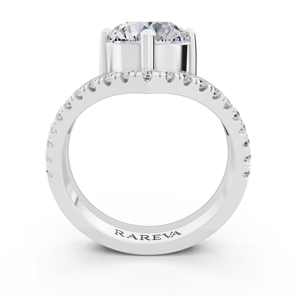 Platinum Round Cut Diamond Solitaire Ring with Pave V Band - Through