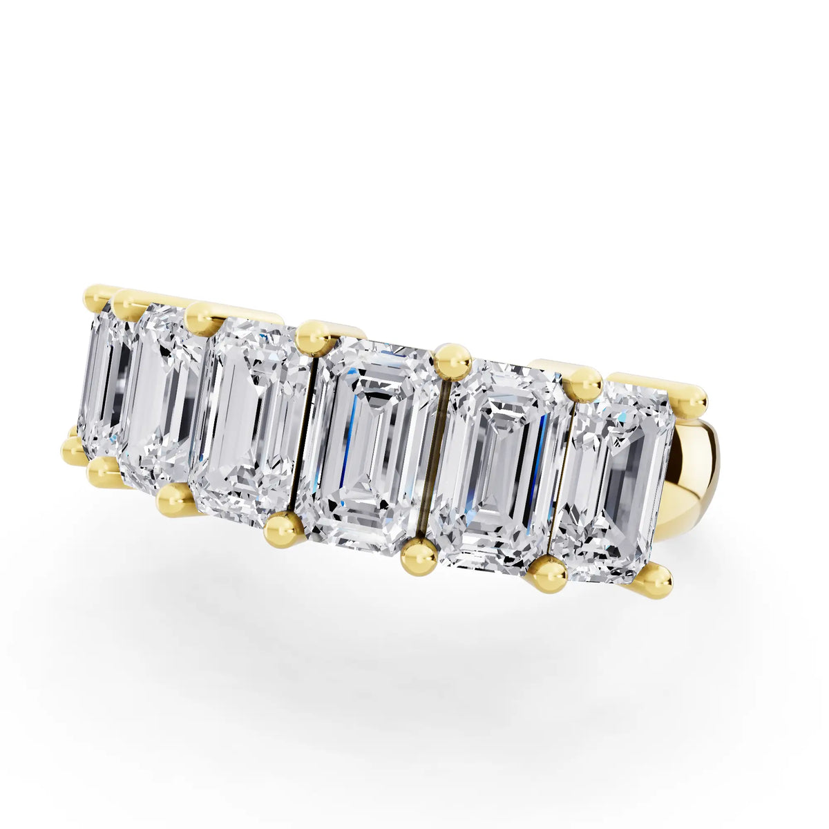 14K Yellow Gold Seven Stone Emerald Cut Diamond Half Eternity Wedding Band - 2.2mm - Close up