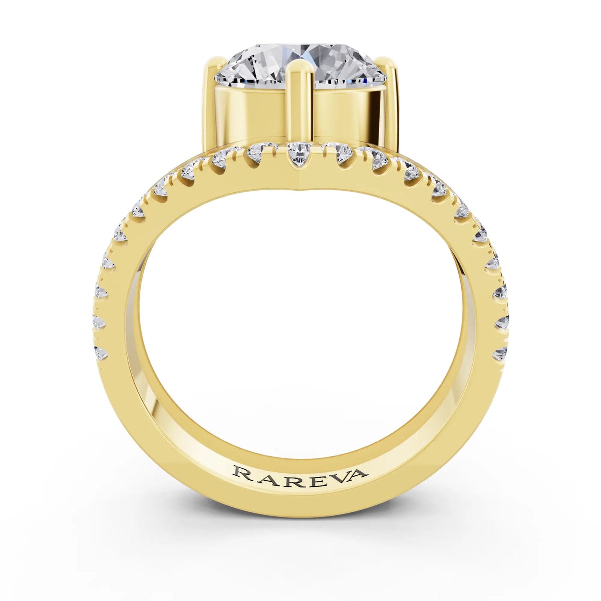 18 KT Yellow Gold Round Cut Diamond Solitaire Ring with Pave V Band - Through