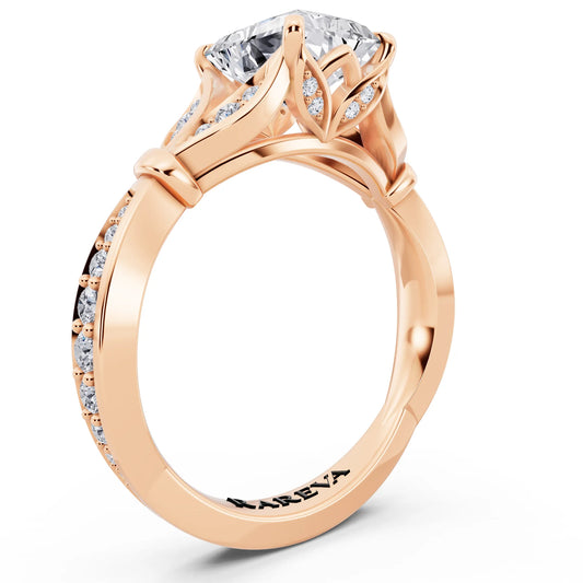 18 KT Rose Gold Radiant Cut Diamond Ring with Lotus Collar - top view