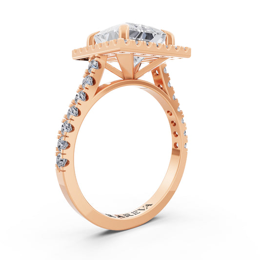 14 KT Rose Gold Princess Cut Diamond Halo Ring with Pave Cathedral Band - Top view