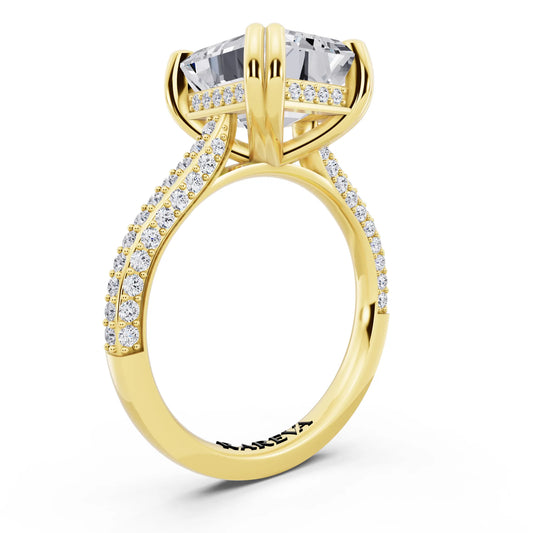 18 KT Yellow Gold Emerald Cut Diamond Hidden Halo Double Claw Pave Band Ring - top view