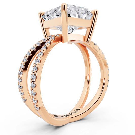 18 KT Rose Gold Radiant Cut Diamond Ring with Twisted Split Shank - top view