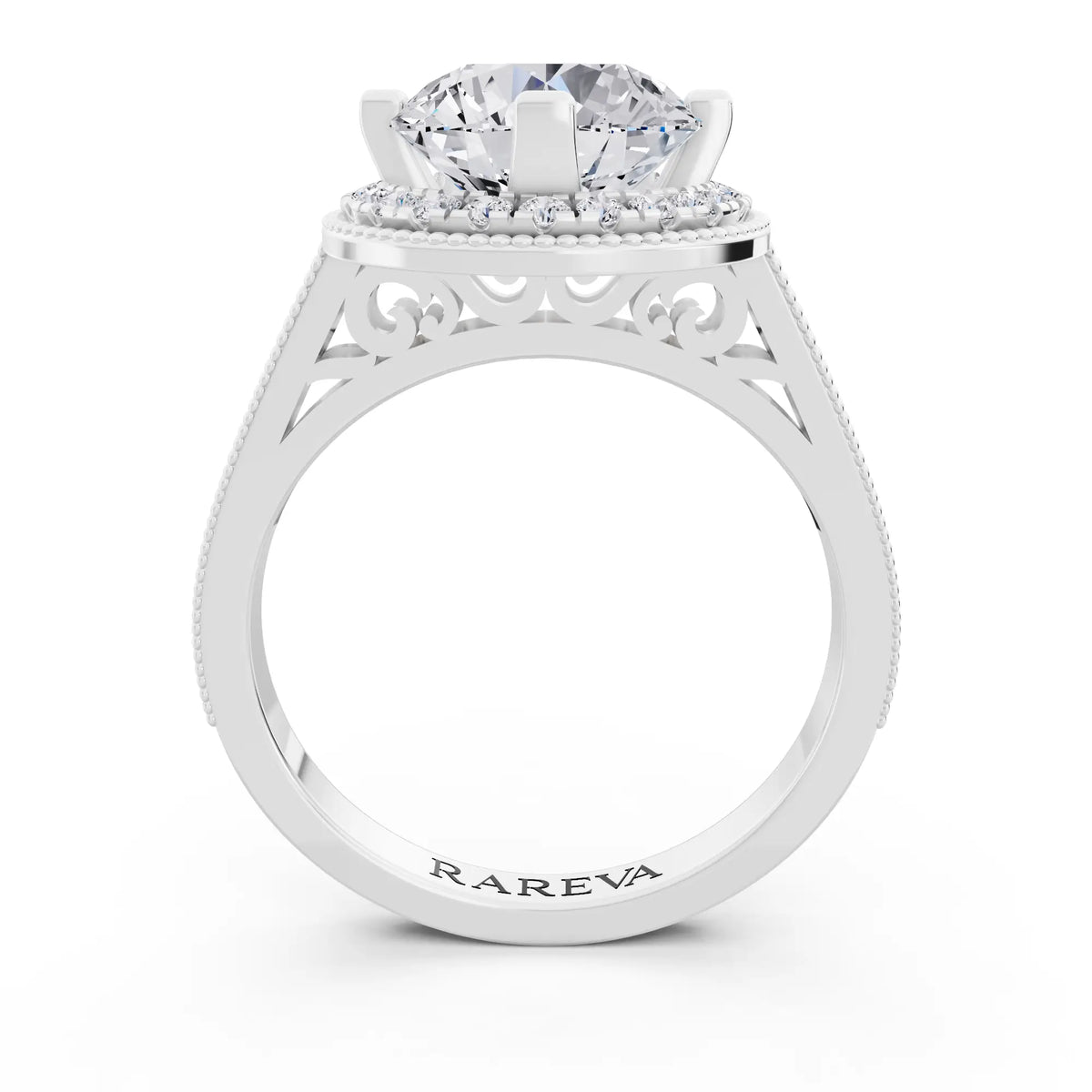 Platinum Round Cut Diamond Vintage Halo Ring with Milgrain Band - Through