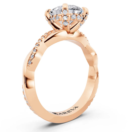 14 KT Rose Gold Oval Cut Diamond Hidden Halo Ring with Twisted Pave Band - top view