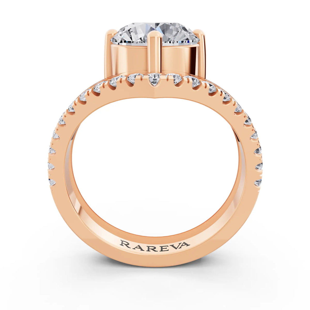 14 KT Rose Gold Round Cut Diamond Solitaire Ring with Pave V Band - Through