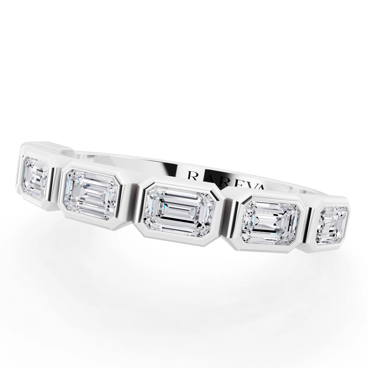 Silver Seven Stone Emerald Cut Bezel Set Diamond Half Eternity Wedding Band - 2mm - Close up