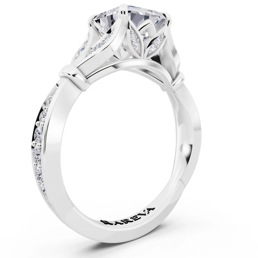14 KT White Gold Asscher Cut Diamond Ring with Lotus Collar - top view