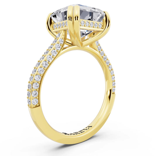14 KT Yellow Gold Asscher Cut Diamond Hidden Halo Double Claw Pave Band Ring - top view