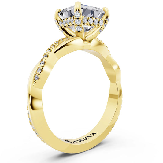 14 KT Yellow Gold Asscher Cut Diamond Hidden Halo Ring with Twisted Pave Band - top view