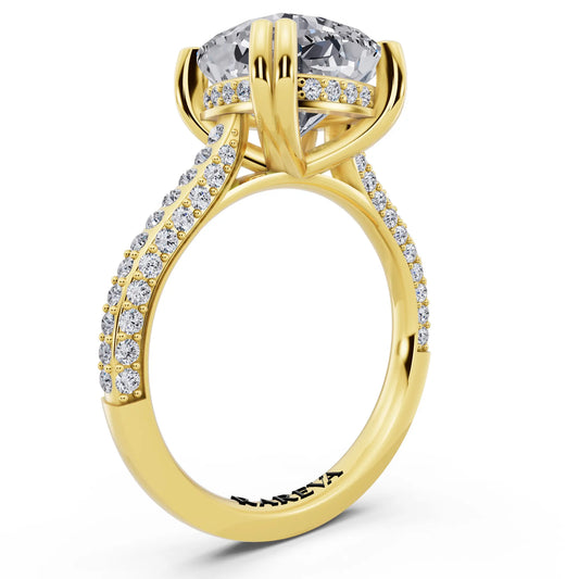 14 KT Yellow Gold Cushion Cut Diamond Hidden Halo Double Claw Pave Band Ring - top view