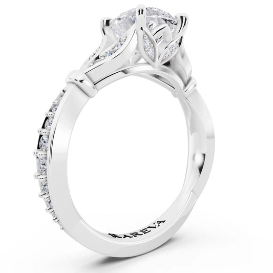 Platinum Pear Cut Diamond Ring with Lotus Collar - top view