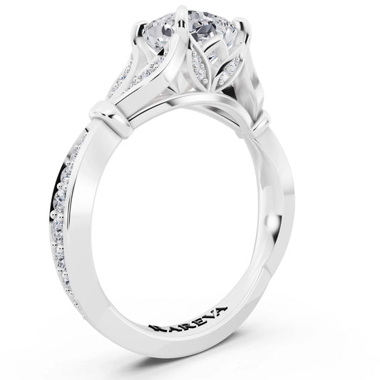 14 KT White Gold Cushion Cut Diamond Ring with Lotus Collar - top view