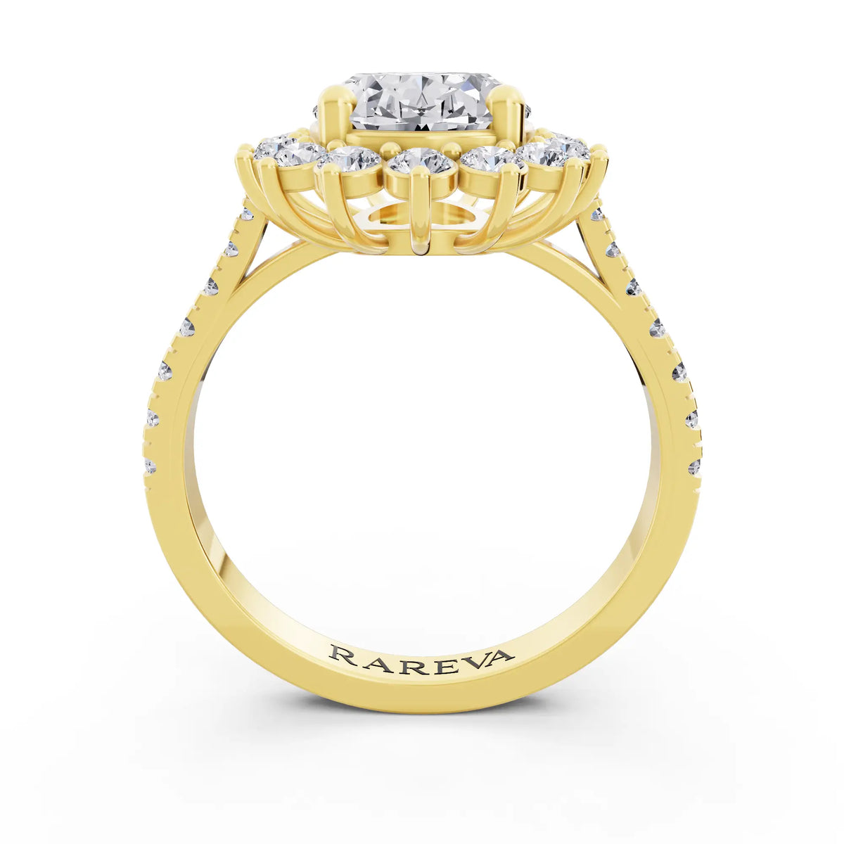 18 KT Yellow Gold Oval Cut Diamond Floral Halo Ring with Pave Band - Through
