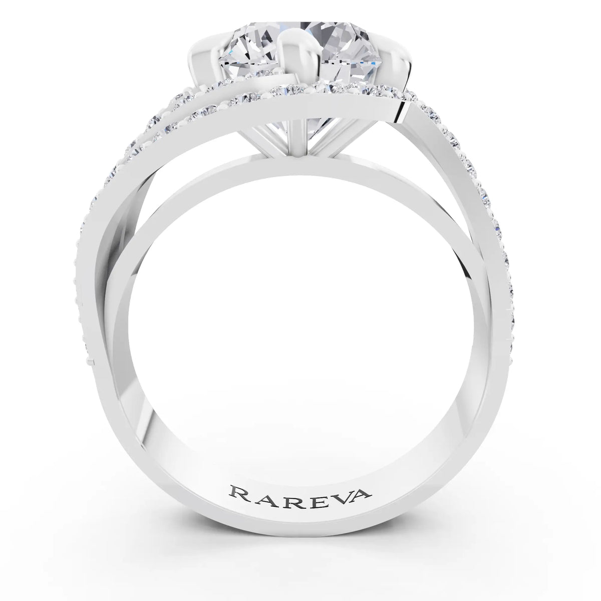 14 KT White Gold Round Cut Diamond Solitaire Ring with Swirl Pave Bands - Through