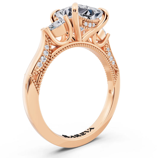 14 KT Rose Gold Princess Cut Diamond Three Stone Pear Accent Vintage Pave Ring - top view
