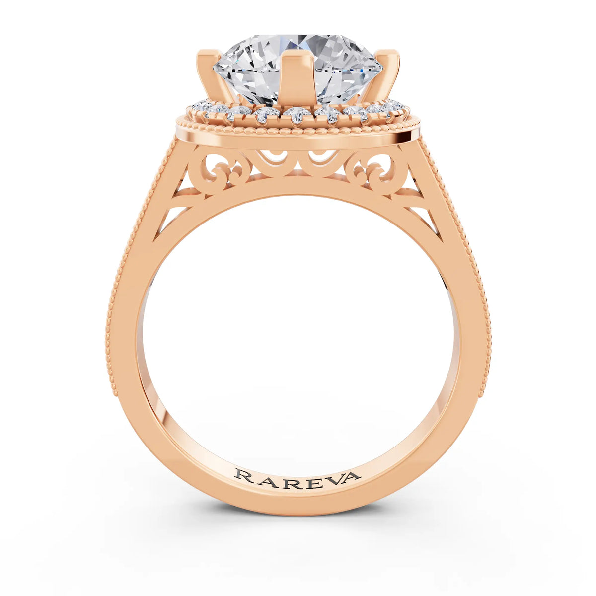18 KT Rose Gold Round Cut Diamond Vintage Halo Ring with Milgrain Band - Through