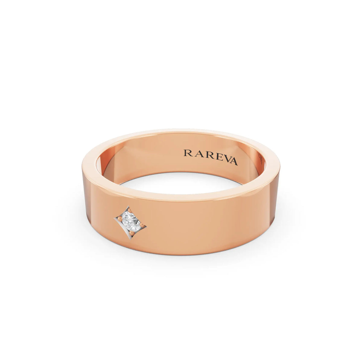 14K Rose Gold Men's Round Cut Diamond Star Set Solitaire Band - 5.5mm - Close up