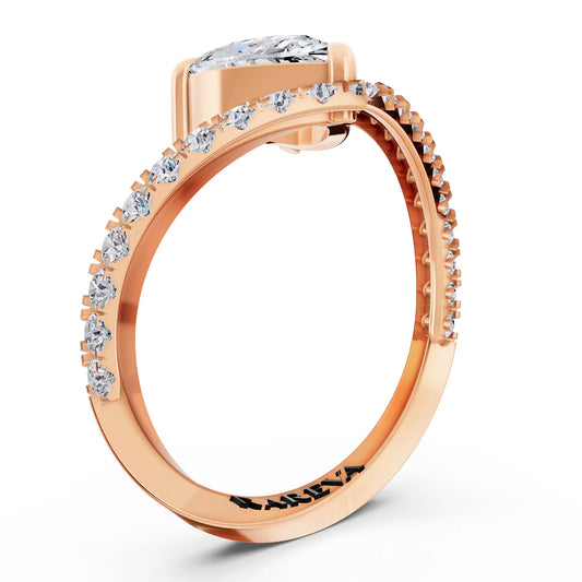 18 KT Rose Gold Pear Cut Diamond Solitaire Ring with Pave Chevron Band - Top view