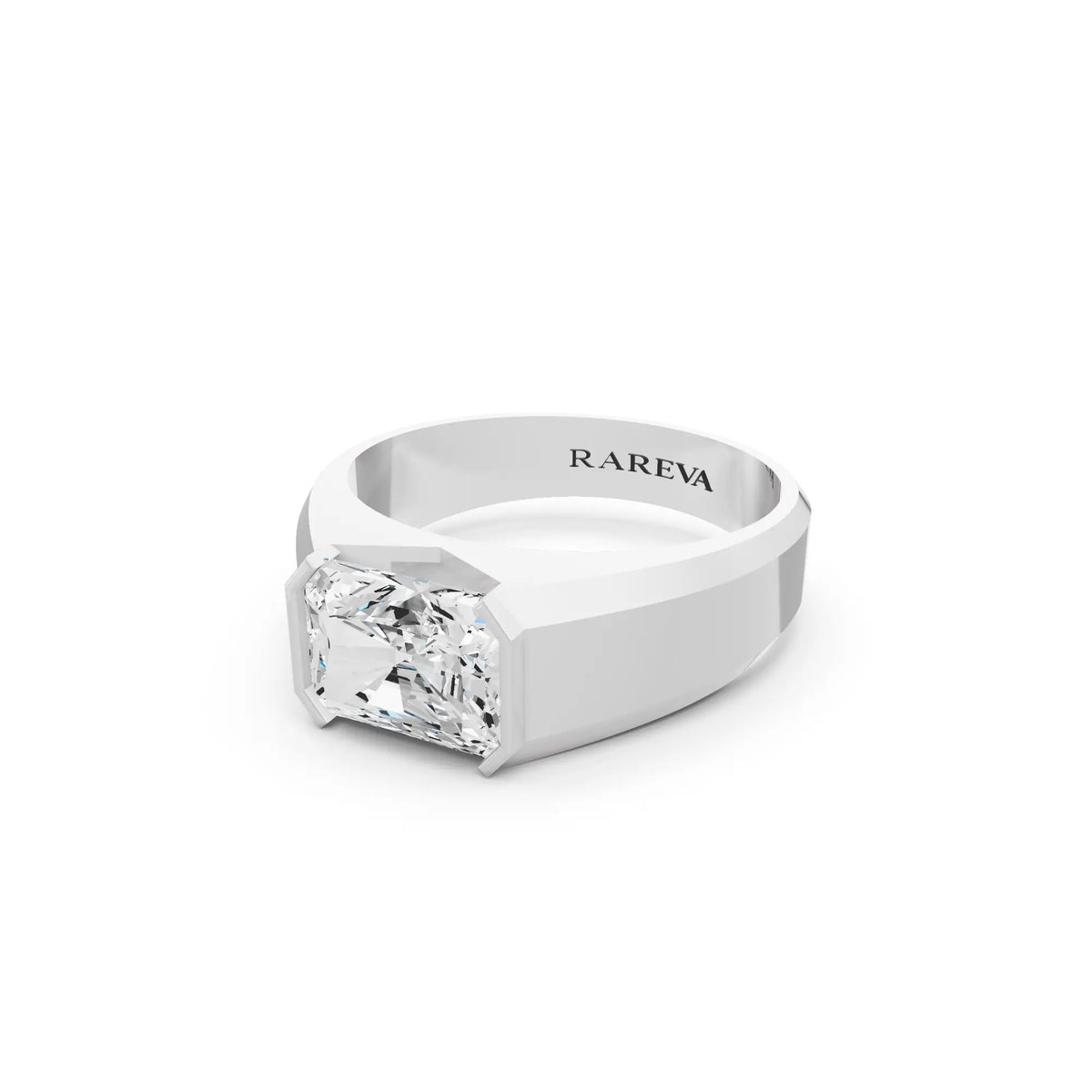 10K White Gold Men's Radiant Cut Diamond East West Solitaire Ring - 4mm - Close up