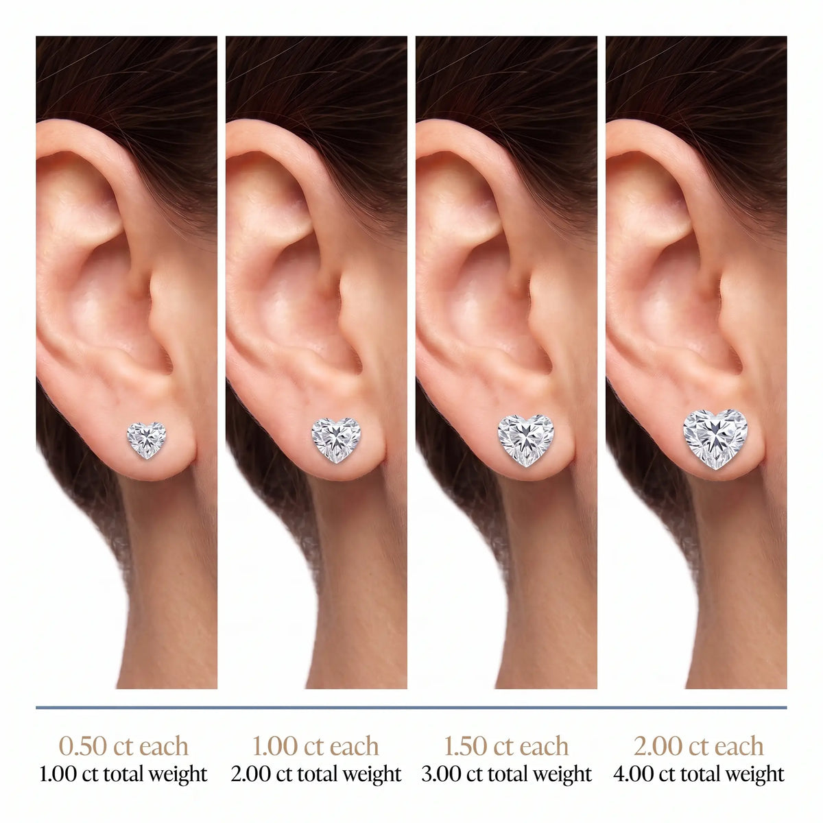 Heart cut diamond stud size chart 0.50 to 2.00 carat each on ear