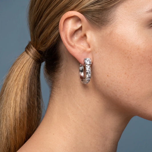 14KT White Gold Round Diamond Charm Hoop Earrings - worn close up