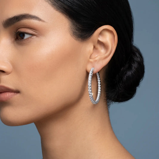 Platinum Pear Diamond Charm Hoop Earrings 19mm - worn close up