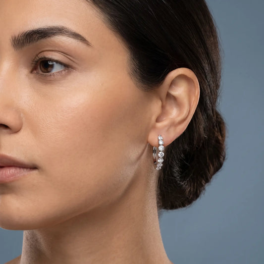 Platinum Diamond Side Pave Hoop Earrings - worn close up